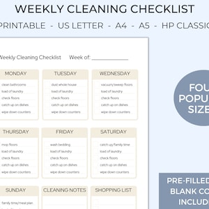 Weekly Cleaning Checklist, Weekly Cleaning Routine, Printable Cleaning Planner, Cleaning List, Daily Cleaning, Cleaning Chart, A4, US Letter