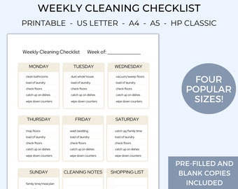 May include: Printable weekly cleaning checklist in beige and brown with a light blue background. The checklist includes a list of cleaning tasks for each day of the week, including Monday, Tuesday, Wednesday, Thursday, Friday, Saturday, and Sunday. The checklist also includes sections for cleaning notes and a shopping list.