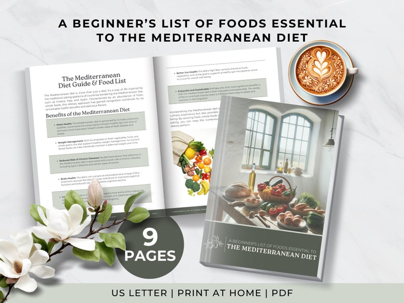 May include: A 9-page printable guide to the Mediterranean diet, featuring a list of essential foods and the benefits of this healthy eating plan. The cover image shows a rustic kitchen setting with a basket of fresh produce, bread, and eggs.