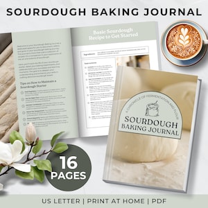 以下が含まれることがあります： 緑と白の表紙に、サワードウパンのアップが写っている、16ページの印刷可能なサワードウパンベーキングジャーナル。このジャーナルには、サワードウスターターの維持方法、基本的なサワードウレシピ、発酵と小麦粉の記録が含まれています。