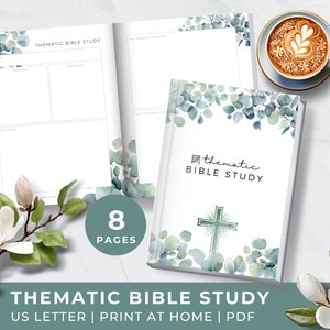 Puede incluir: Un diario de estudio bíblico temático imprimible de 8 páginas con un diseño de eucalipto en acuarela. La portada presenta una cruz y el texto "thematic BIBLE STUDY".