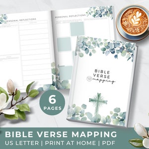 May include: A printable 6-page Bible verse mapping journal with a watercolor eucalyptus design. The cover features a cross and the text "BIBLE VERSE mapping".