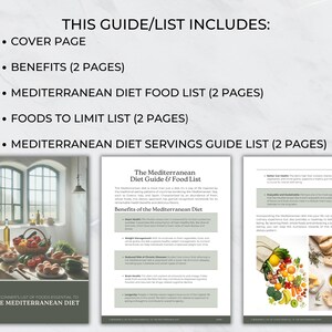 May include: A guide to the Mediterranean diet, with a list of foods to include and limit, as well as serving sizes. The guide includes images of fresh produce, bread, and olive oil.