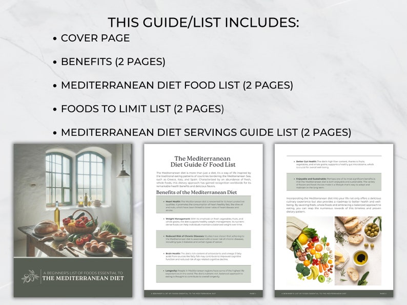 May include: A guide to the Mediterranean diet, with a list of foods to include and limit, as well as serving sizes. The guide includes images of fresh produce, bread, and olive oil.