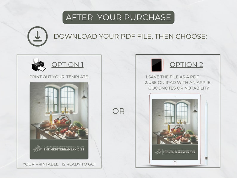 May include: A printable guide to the Mediterranean diet with a photo of a table setting with fresh produce, bread, and olive oil. The guide is available as a PDF download and can be printed or used on an iPad with apps like Goodnotes or Notability.