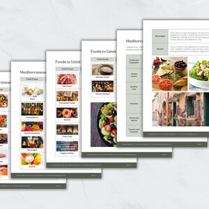 May include: A guide to the Mediterranean diet, with a list of foods to eat and foods to limit. The guide includes images of various foods, such as fruits, vegetables, grains, and dairy products. The guide also includes a section on beverages and snacks.