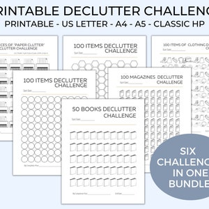 May include: Printable declutter challenge set with six different challenges: 250 pieces of paper clutter, 100 items, 100 items of clothing, 100 magazines, 50 books. Each challenge has a start date and completion prize section.