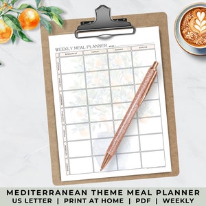 May include: Printable weekly meal planner with a Mediterranean theme. The planner features a watercolor illustration of an orange tree in a pot. The planner is designed for US Letter size paper and is available as a PDF download.