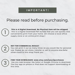 May include: A white background with green text that reads "IMPORTANT! Please read before purchasing."  Three numbered steps are listed with instructions for digital downloads.  Step 1: This is a digital download. No physical item will be shipped. Step 2: Not for commercial resale! Step 3: Find your downloads: www.etsy.com/your/purchases