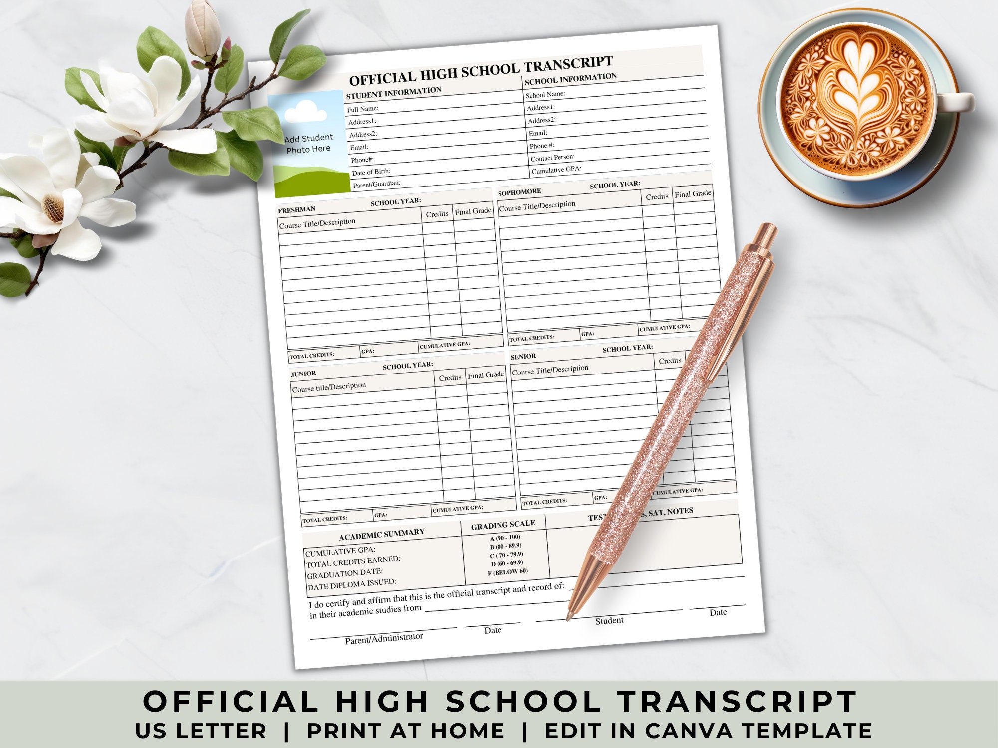 High school transcript template student transcript generator editable