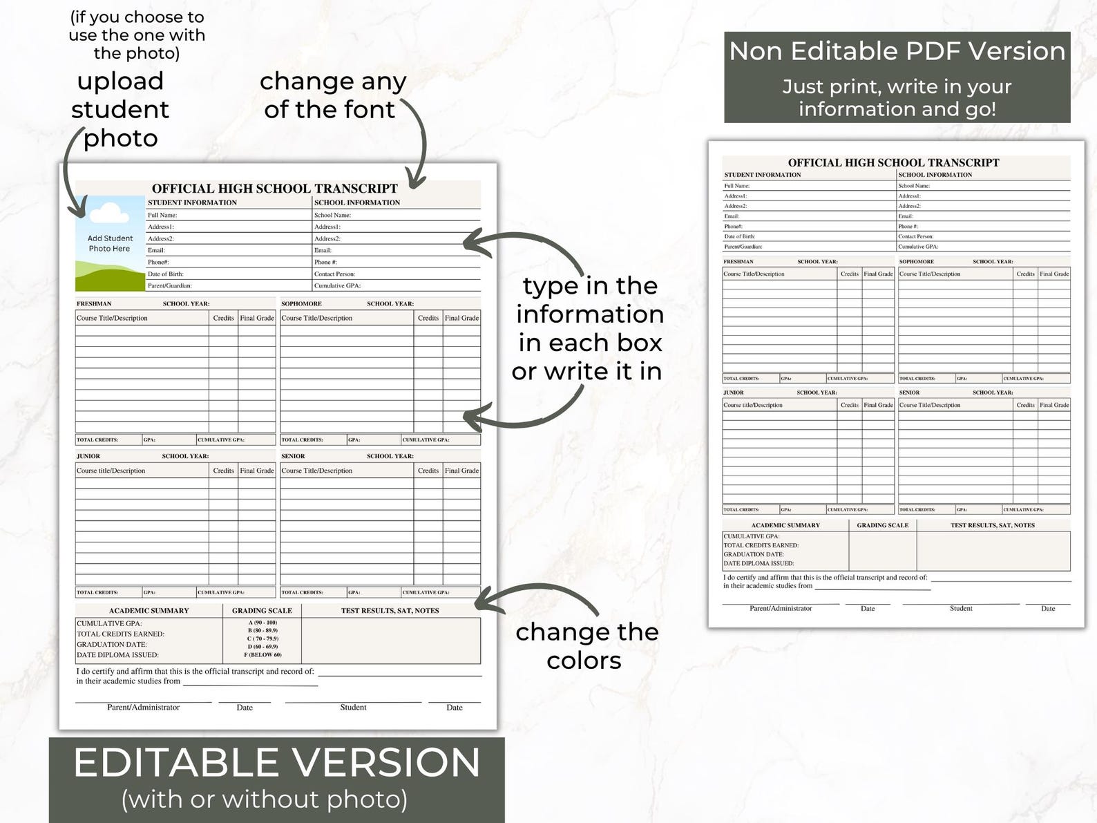 High School Transcript Template, Student Transcript Generator, Editable ...