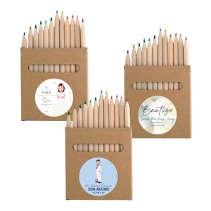 Set de lápices de colores personalizado – 12 lápices en caja kraft con pegatina de comunión, bautizo o evento - regalo invitados evento