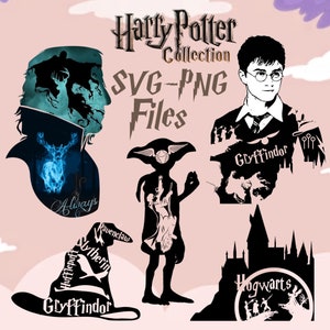 May include: Black and white silhouette illustrations of Harry Potter characters and objects, including Harry Potter, a house elf, a sorting hat, Hogwarts castle, and the words "Harry Potter Collection SVG-PNG Files".