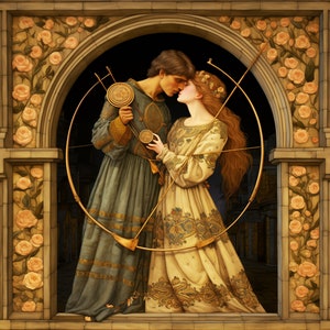 May include: A painting depicting a couple embracing within a stone archway adorned with floral motifs. The man holds a bow and arrow, while the woman wears a flowing gown. The background is a dark, shadowy woodland.