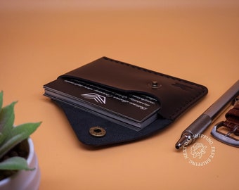 Personalized Compact Leather Snap Card Wallet, Ultra Thin Slim Fold Over Credit or Business Card Case Holder, Engraved Gifts by BELLICOSE