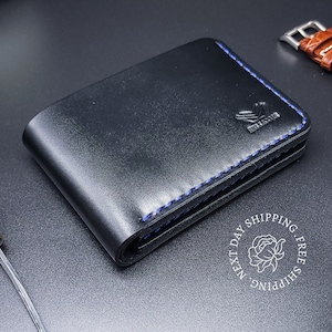 Cartera de cuero para hombre, Cartera de cuero hecha a mano personalizada, Regalo para él, papá, Regalo de Navidad Bifold, Cartera RFID, Grabado de monograma personalizado