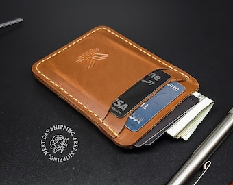 Vertical Minimalist Leather Wallet, Personalized Custom Engraved Front Pocket Card Holder, Handmade Full Grain, Anniversary Gift for Him Men