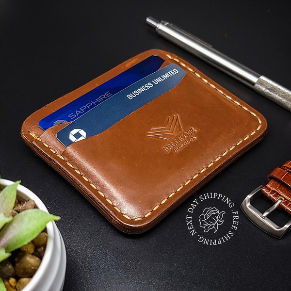 Compact Front Pocket Wallet, Personalized Full Grain Leather Card Holder, Custom Engraving, Gift for Boyfriend, Anniversary Gift for Husband