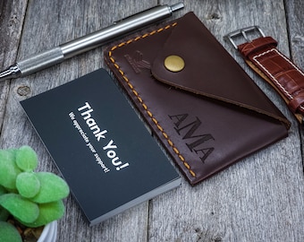 Personalized Business Card Holder, Leather Business Card Carry, Custom Engraved Leather Business Card Holder with Snap, Office gift, Compact
