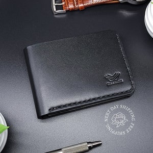 Cartera de cuero negra personalizada, cartera de cuero de grano completo hecha a mano para hombres, regalo para él, papá, novio, Navidad, bloqueo RFID plegable