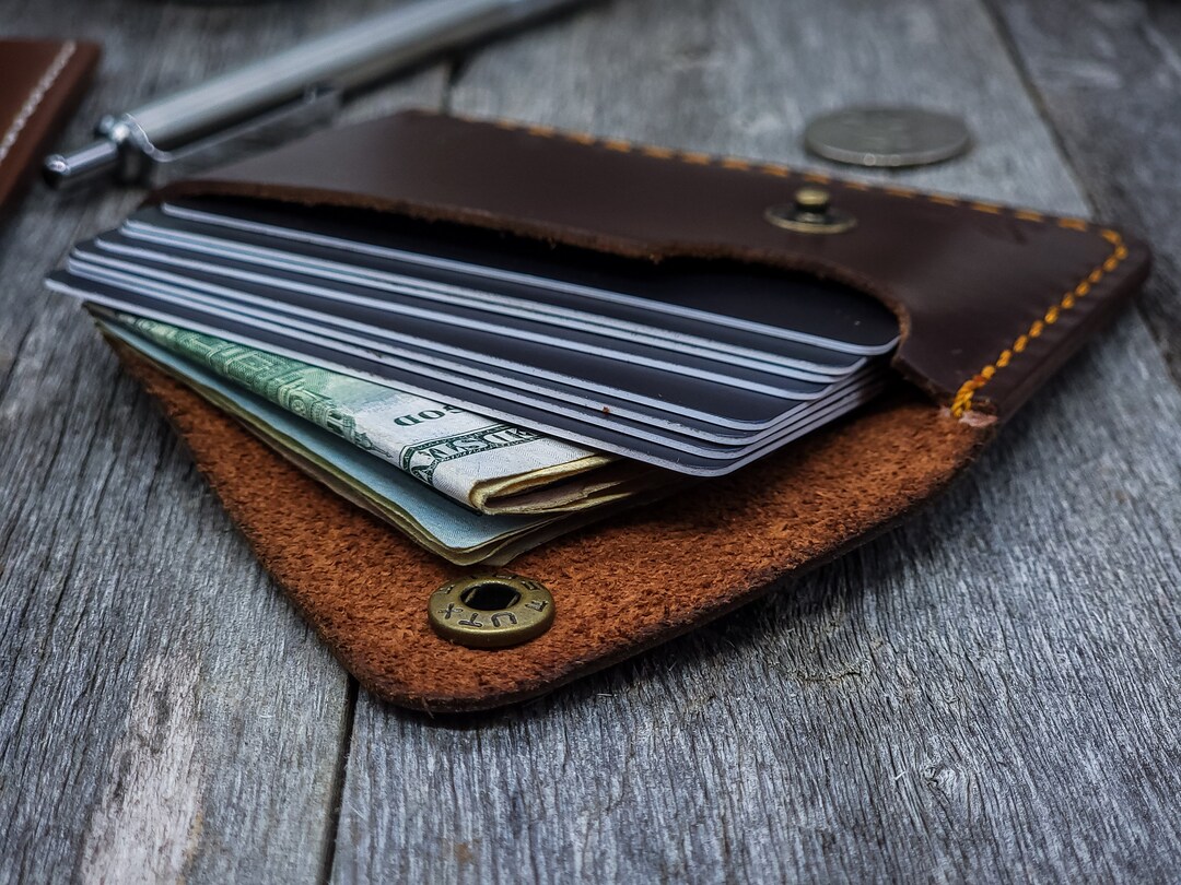 Personalized Snap Leather Wallet, Minimalist Cards Holder, Handmade