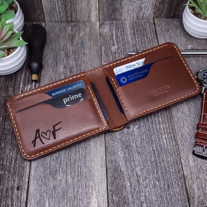 Cartera de cuero personalizada, hecha a mano, grabada, regalo de aniversario para él, padre, esposo.