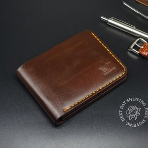 Handmade Full Grain Leather Wallet, Personalized Anniversary & Christmas Gift for Him, Engraved Custom Wallets for Men, Boyfriend, Groomsmen