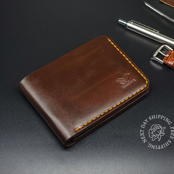 Handmade Full Grain Leather Wallet, Personalized Anniversary & Christmas Gift for Him, Engraved Custom Wallets for Men, Boyfriend, Groomsmen