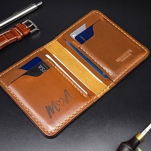 Cartera de cuero artesanal, cartera plegable de cuero de grano completo hecha a mano, cartera premium larga grabada, regalo de aniversario para hombres marido novio