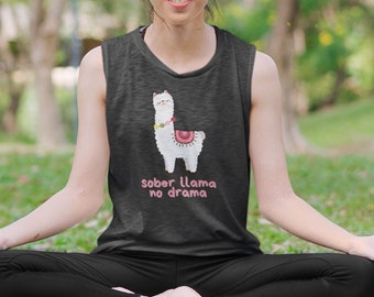 Sober Llama No Drama - Women's Flowy Scoop Muscle Tank, Recovery Shirt