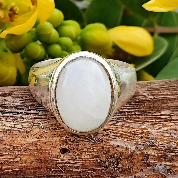 Men's Silver Signet Ring, Moonstone Ring, White Stone Ring, Oval Stone Ring, Handmade Ring, Boho Statement Ring, June Birthtone Jewelry.