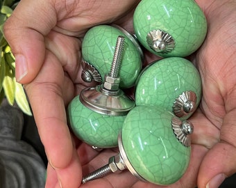 Handmade Green Ceramic Knobs, Kitchen Cabinet Hardware