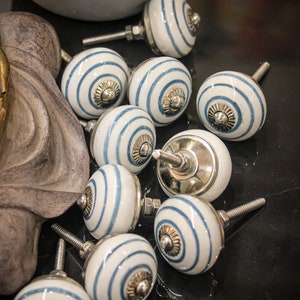 White and blue Ceramic Handmade Knobs for Kitchen Cabinets, Drawers, Wardrobe, Doors and as unique vintage style handles for home interiors