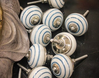 White and blue Ceramic Handmade Knobs for Kitchen Cabinets, Drawers, Wardrobe, Doors and as unique vintage style handles for home interiors