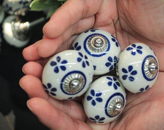 Handmade White and Blue Ceramic Knobs, Floral Cabinet Hardware