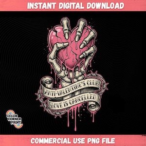 Puede incluir: Gráfico digital de un corazón rosa roto sostenido por manos esqueléticas. Una pancarta dice "ANTI-VALENTINE'S CLUB: LOVE IS CANCELLED" con detalles de alambre de púas. El diseño está sobre un fondo negro con un patrón ondulado.