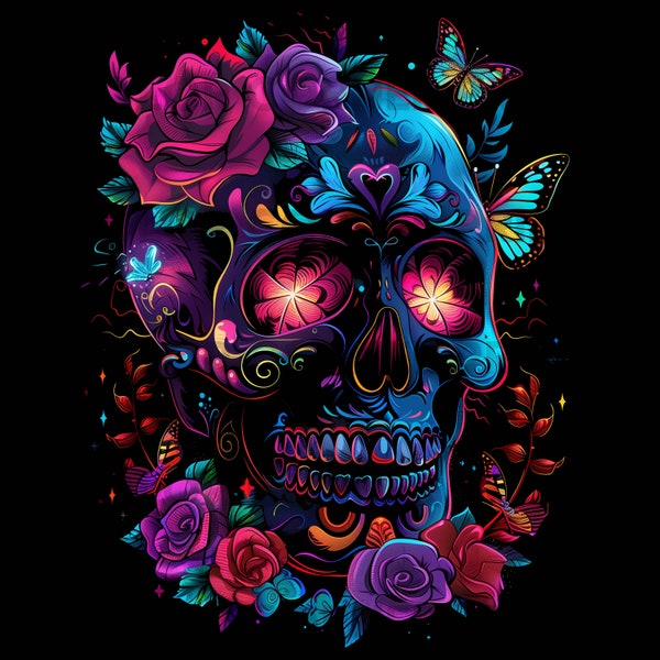 Skull with Roses and Butterflies, Colorful Animated Aztec Art Gemstone Design, Lighthearted Neon Style, Digital Download for sublimation