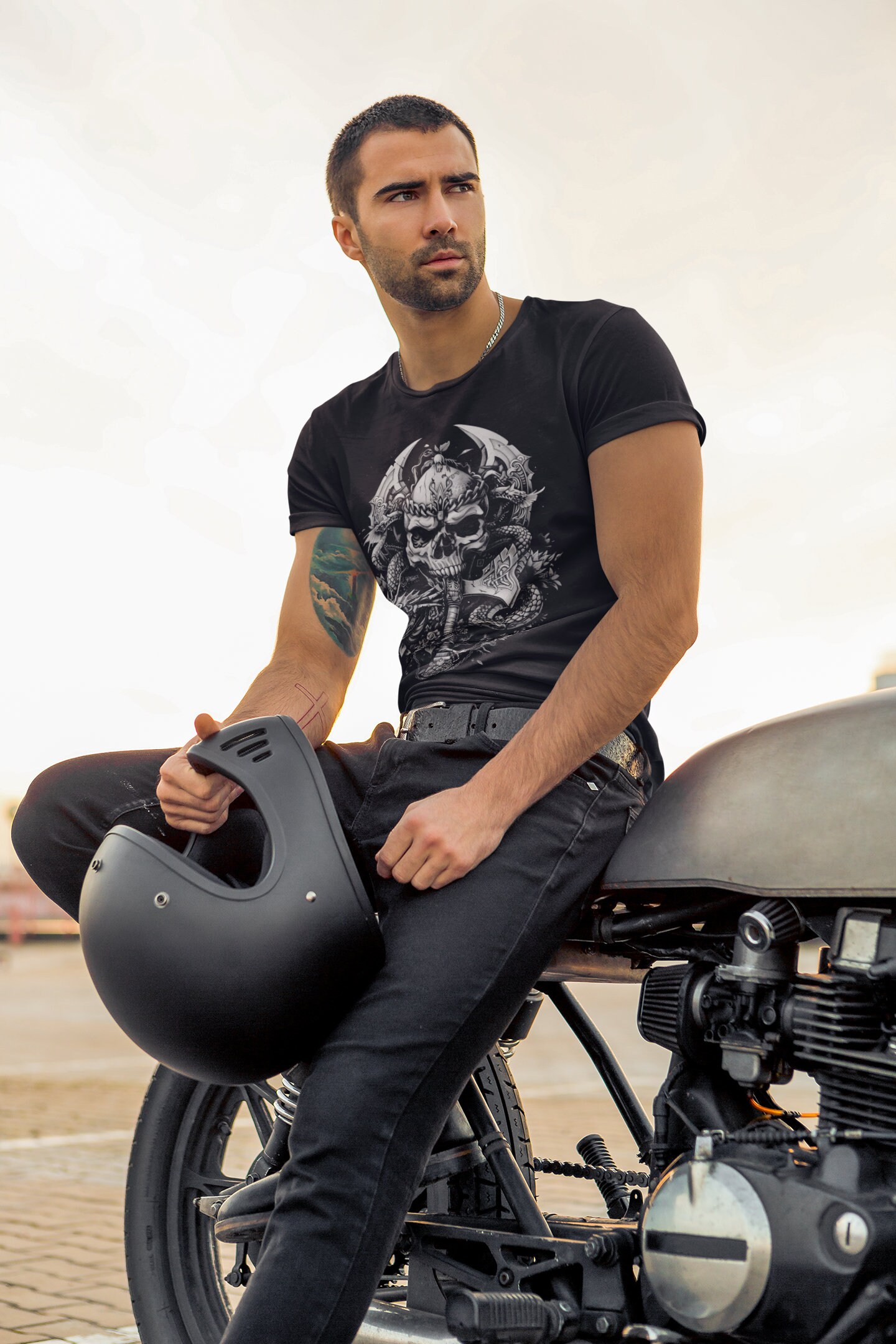 Black Oversized Metal T Shirt With Skulls And Axes main image 1