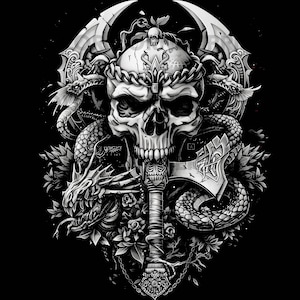以下が含まれることがあります： 王冠をかぶった骸骨、ドラゴン、ヘビ、花の要素が描かれた白黒のイラスト。2本の斧が骸骨の後ろに配置されています。デザインはゴシックまたはファンタジーをテーマにしています。