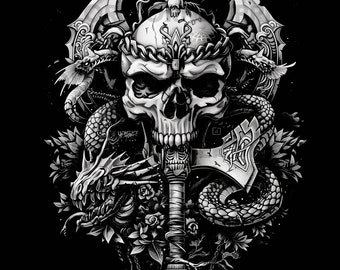 Heavy Metal Skull PNG, Skull T-shirt Design, Digital Download for sublimation, Skull and Axe Png, Transparent Background