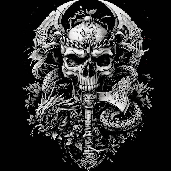 Heavy Metal Skull PNG, Skull T-shirt Design, Digital Download for sublimation, Skull and Axe Png, Transparent Background