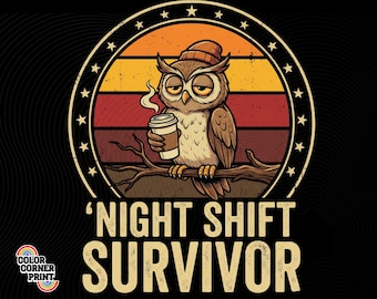 Night Shift Survivor Shirt, Funny Tired Owl Coffee T-Shirt, Retro Vintage Nightshift Worker Tee, Nurse CNA EMT Gift