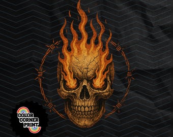 Flaming Skull PNG Design, Gothic Barbed Wire Skull T-Shirt Art, Fire Skull Graphic for Dark Grunge Punk Digital Shirt Sublimation