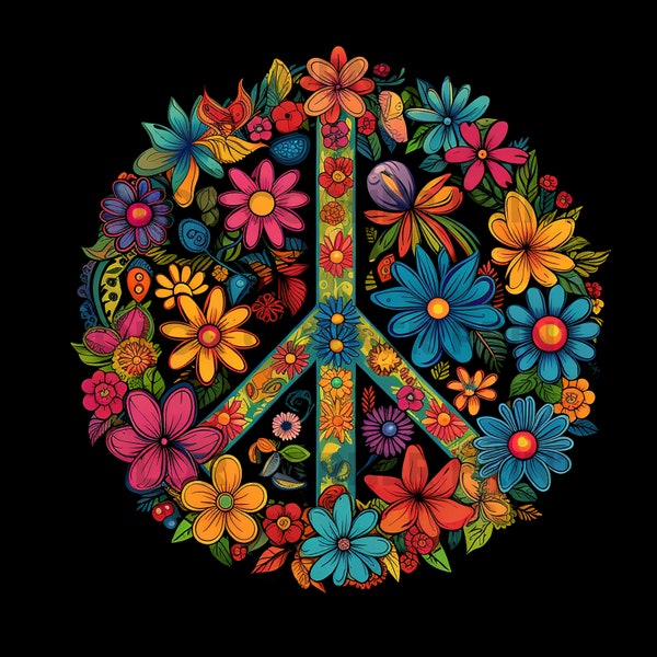 Flower Peace Sign Hippie T-shirt design PNG Digital Download for Sublimation - Transparent background - 300 dpi - 3000 pixels