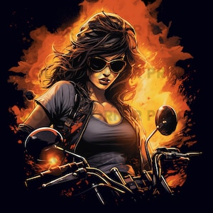 Female Biker T-shirt design PNG Digital Download for Sublimation - Transparent background - 300 dpi - 3000 pixels, Transparent Background