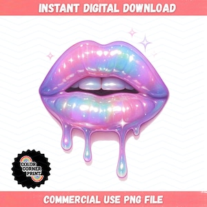 Holographic Dripping Lips PNG, Y2K Glossy Lip Digital Design, Trendy T-Shirt Graphic for Sublimation and Shirt Printing