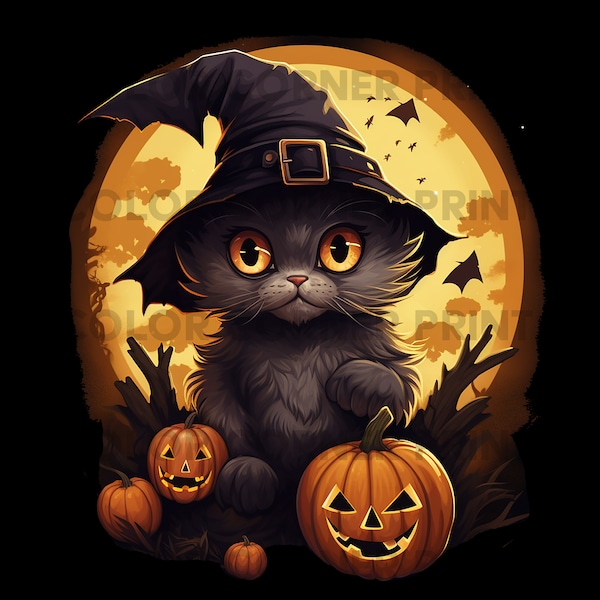 Halloween PNG, Halloween Cat PNG, Halloween Design Element, Cute Cat PNG, 300 dpi digital download, Cat tshirt design, Halloween tshirt png