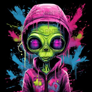 Alien Grafitti buntes T-Shirt Design PNG digitaler Download für Sublimation - transparenter Hintergrund - 300 dpi - 3000 Pixel