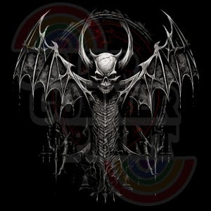 Puede incluir: Una ilustración en blanco y negro de una criatura demoníaca con alas, cuernos y una cara de calavera. La criatura está rodeada de un círculo rojo con líneas negras.