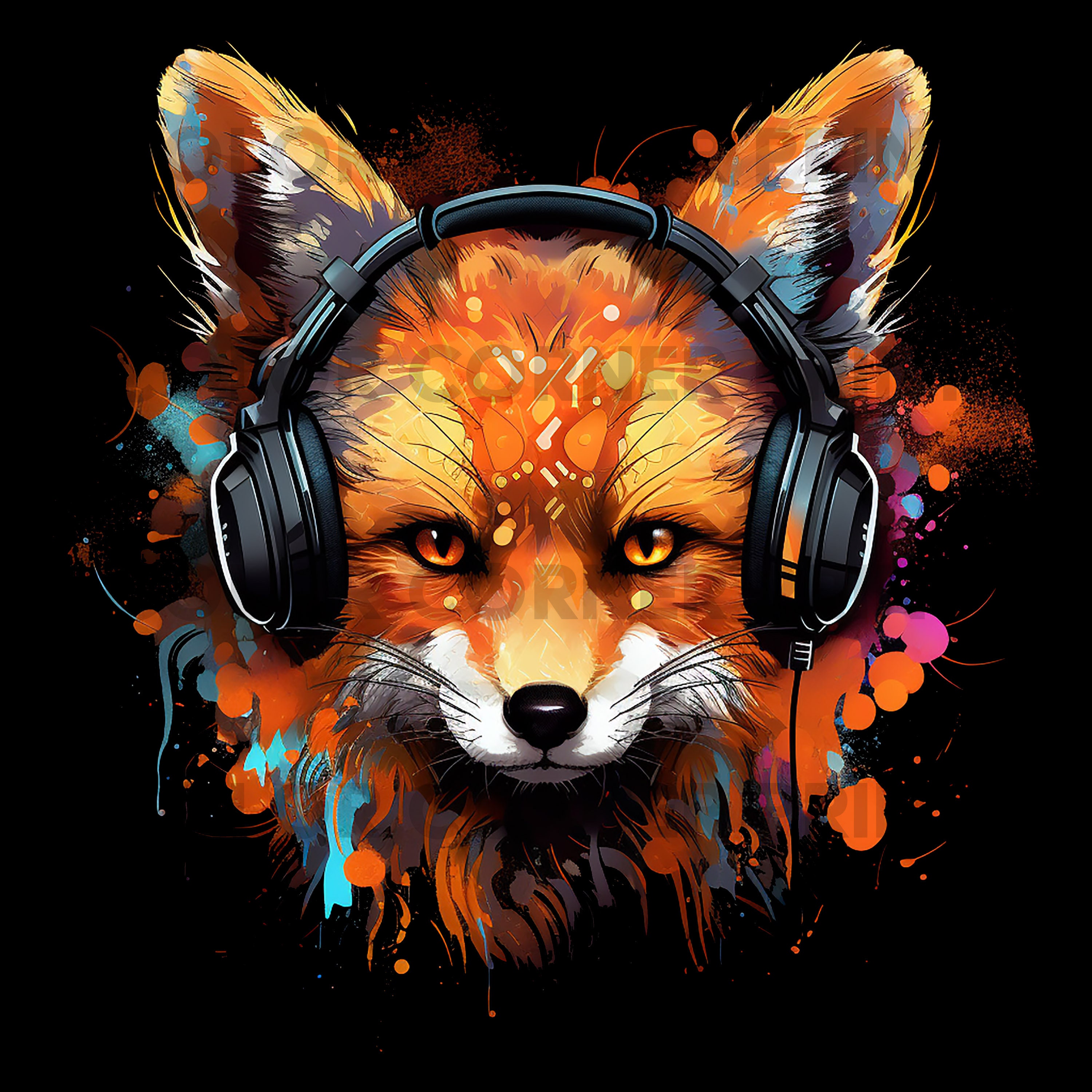 Fox With Headphones Colorful Art Design PNG and JPEG Digital Fox With Headphones Colorful Art Design PNG and JPEG Digital